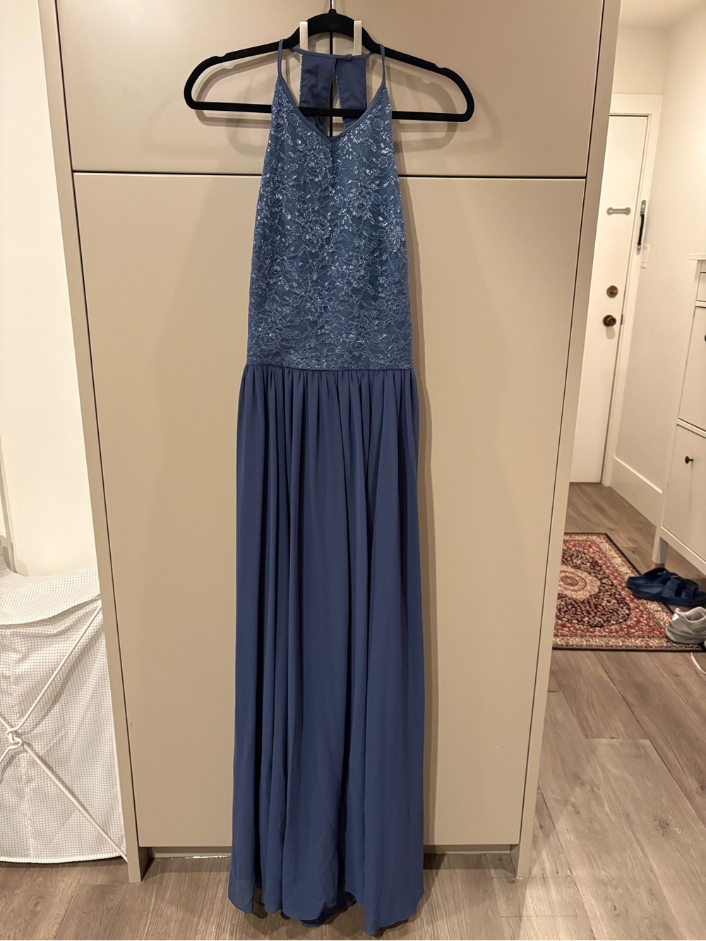 Vera Wang Blue Lace Halter Evening Gown